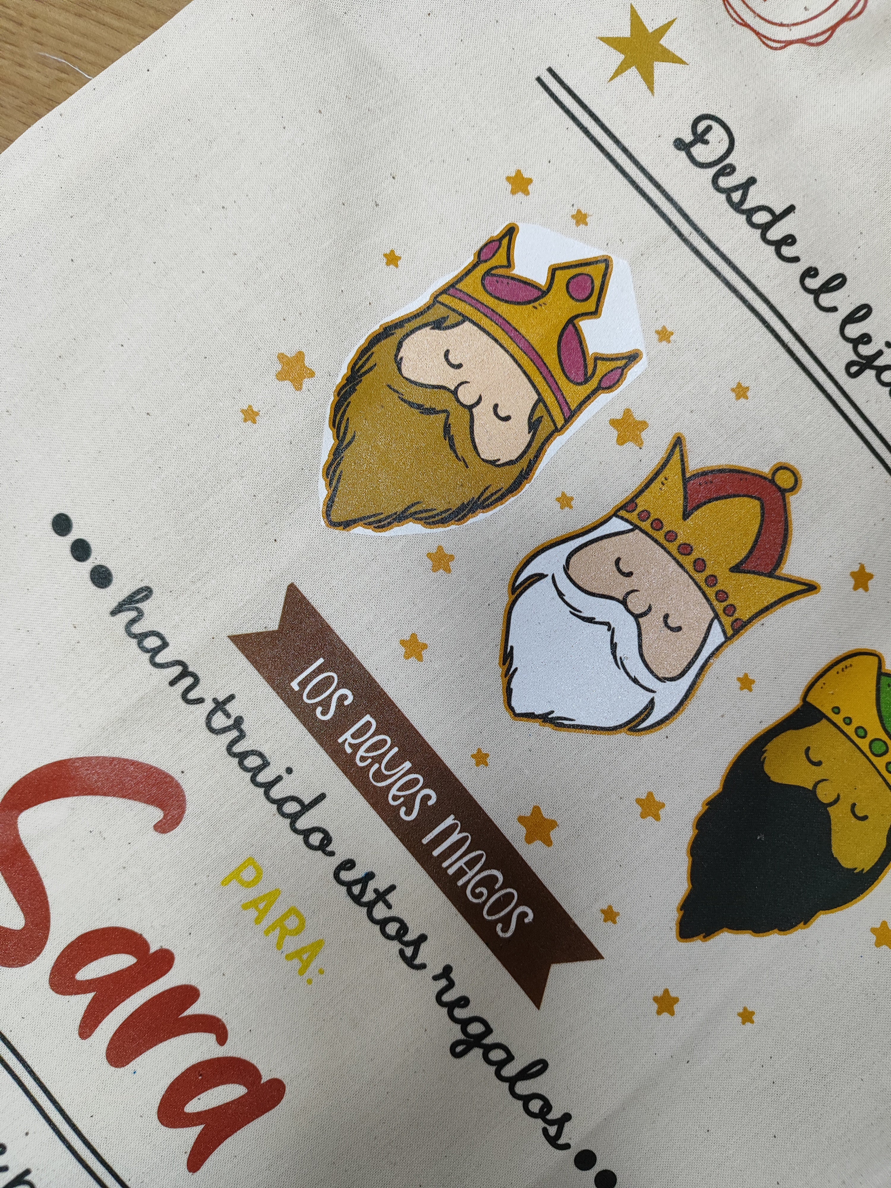 Saco Reyes Magos tamaño L con Nombre Sara, con pequeño defecto de impresion