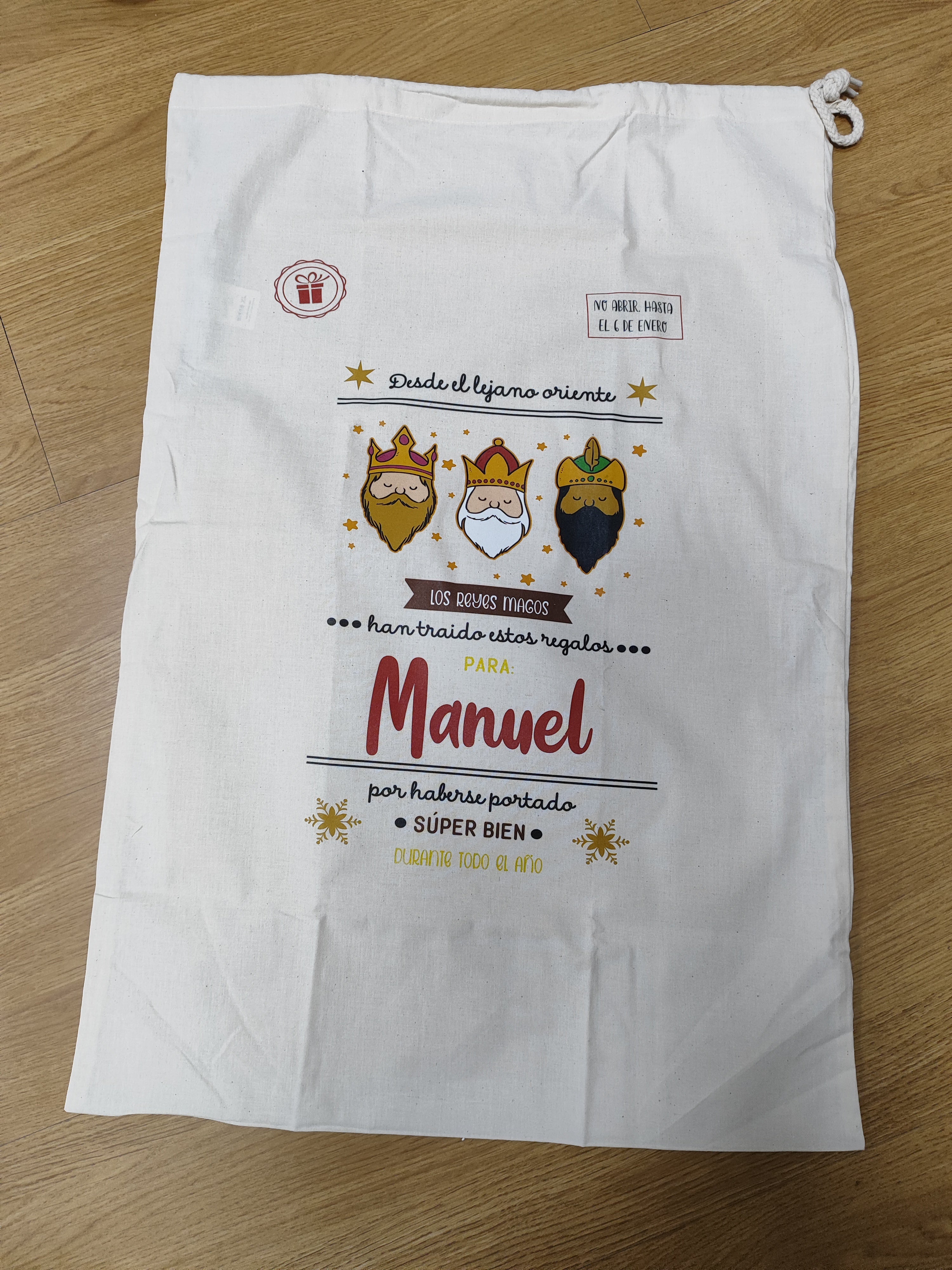 Saco Reyes Magos xl con nombre Manuel en perfecto estado